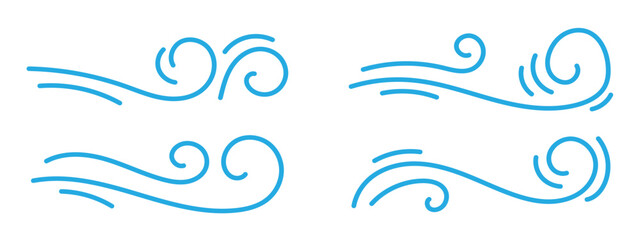 Blowing wind. Hand drawn air wave icon. Outline wind movement symbol isolated on white background. Climate sketch element. Vector decorative dash lines in the shape of a curve in eps 10.