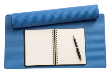 Blue exercise mat with a notebook and pen for planning isolated with transparent background