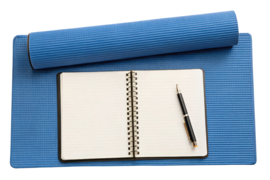 Blue exercise mat with a notebook and pen for planning isolated with transparent background