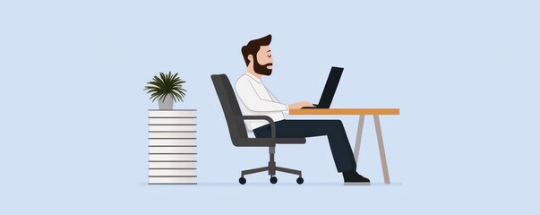 Young man working on laptop at desk with plant in minimalistic office environment
