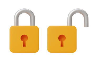3D illustration vector render icon. Lock and unlock key isolated on white background. Security and authorized access concept. Data protection, restricted access, authorization, privacy.