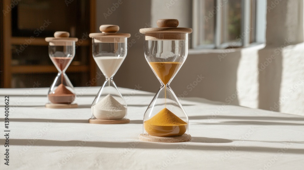 Poster elegant hourglass sand timers in soft light displaying various colors and textures on table