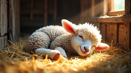 Obraz premium A baby sheep is sleeping on straw. It has two ears and a nose. The sheep is white