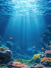 Fototapeta premium Underwater coral reef scene, vibrant colors, sunlight beams