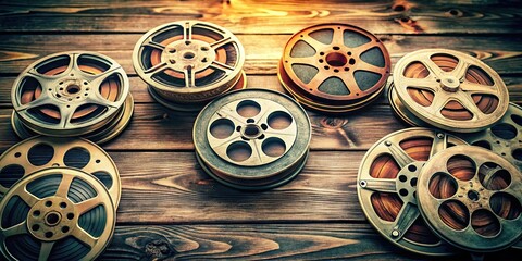 Vintage 8mm film reels with a retro aesthetic, nostalgia, analog, film, grainy, vintage, old, classic, projector