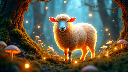 Obraz premium A glowing sheep is standing in a field of flowers. The sheep is white and has a pinkish hue
