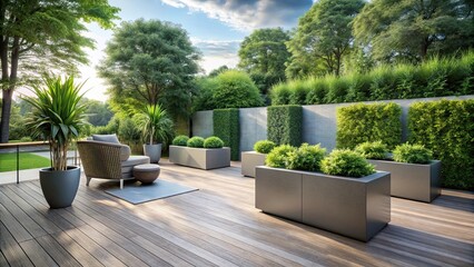 Modern patio with oversized planters overlooking a lush green garden, patio, modern, large planters, view