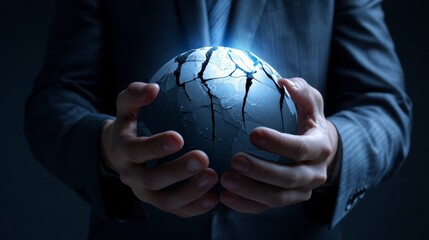 Fragile World in Hands: A person holds a cracked globe, illuminated with a soft glow, representing vulnerability and change, set against a dark background.