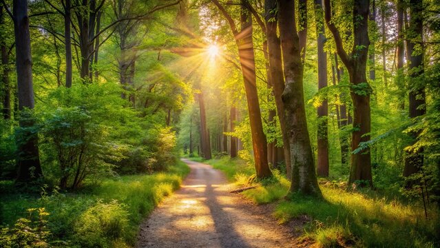Serene forest path illuminated by sunlight, inviting exploration and tranquility, forest, path, sunlight, serene