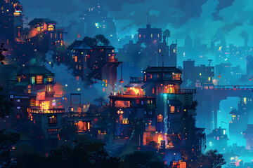 Fototapeta premium Pixelated Cityscape at Night with Illuminated Buildings in Digital Art Style