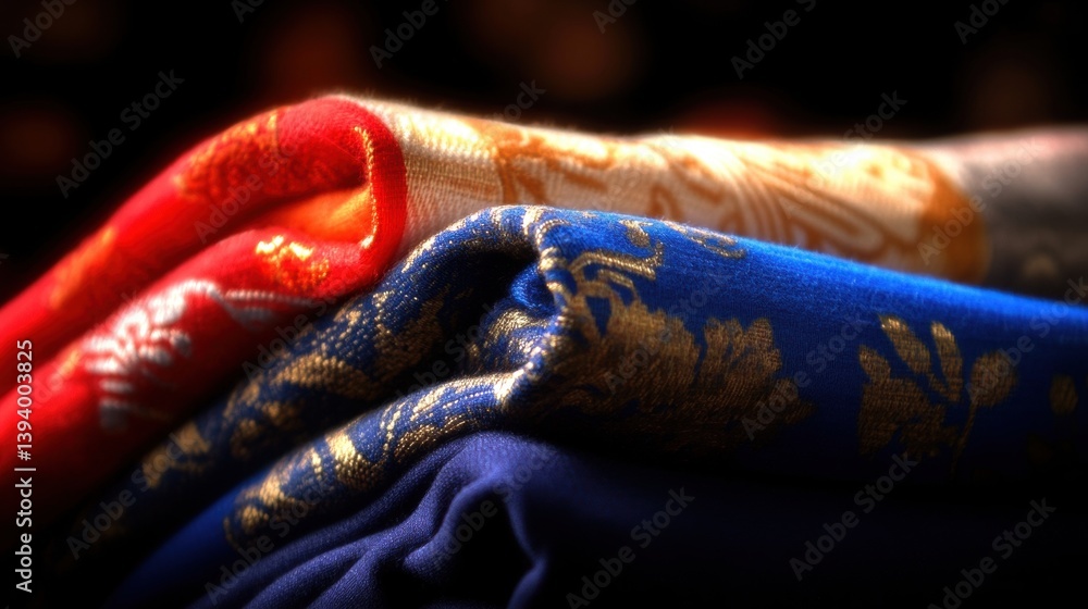 Poster various rich textiles with elaborate patterns displayed neatly, highlighting their colors and textur