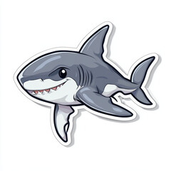 Fototapeta premium Cute animal sticker featuring cartoon shark with friendly smile and sharp teeth. This playful design captures essence of marine life and adds fun touch to any collection