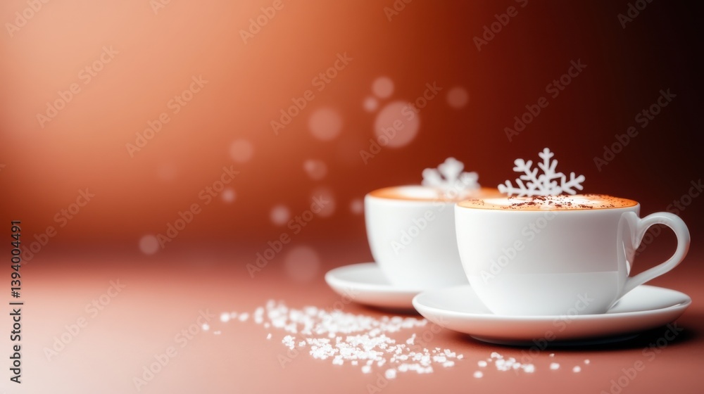 Poster two warm mugs filled with hot cocoa and topped with snowflake decorations are placed on a smooth sur