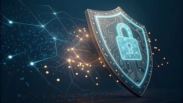 High-tech cybersecurity concept featuring a digital shield, glowing lock icons, and floating data particles. Perfect for cybersecurity products, digital protection campaigns.
