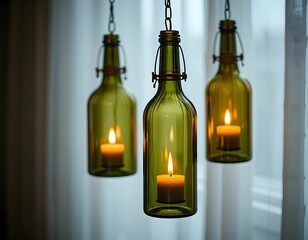 hanging green glass bottle candle holders with soft window light
