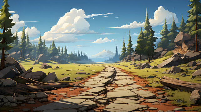 Pixelated Forest Landscape with Rocky Path and Distant Mountains Under Blue Sky and Clouds