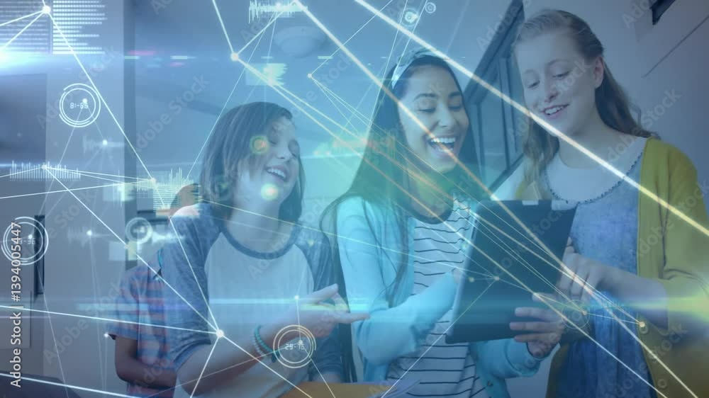 Poster in school, students using tablet with animation of digital network connections