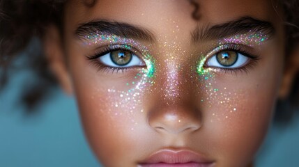 Close-up portrait of a child with vibrant glitter makeup.  Intense gaze, expressive eyes
