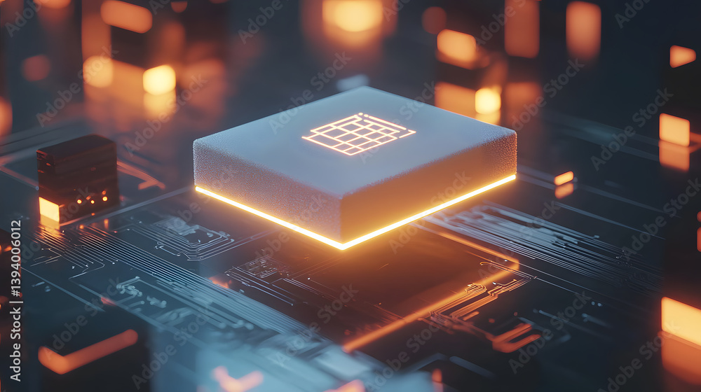 Poster floating neural ai chip icon in digital landscape technology visuals futuristic environment abstract