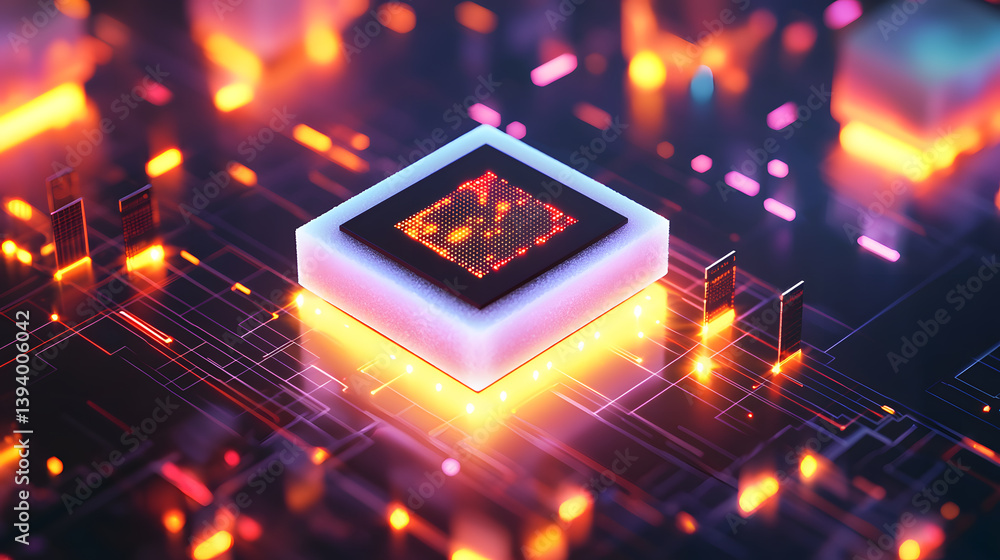 Poster floating neural ai chip icon for artificial intelligence technology digital environment futuristic c