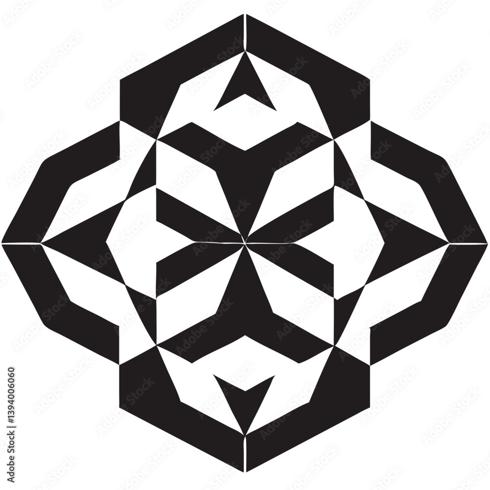 Poster a mesmerizing black and white geometric design featuring interlocking hexagons and triangles creatin