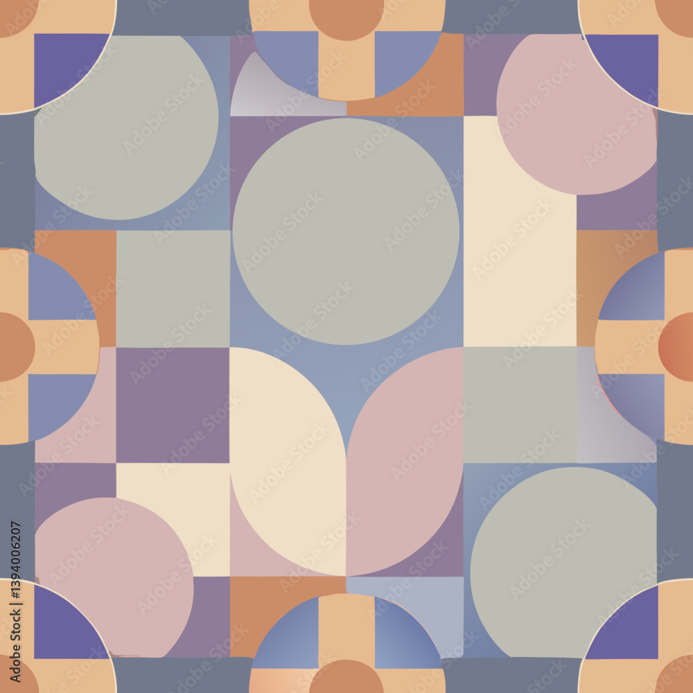 Poster a serene pastel geometric composition, evoking calm and balance with soft muted tones and overlappin