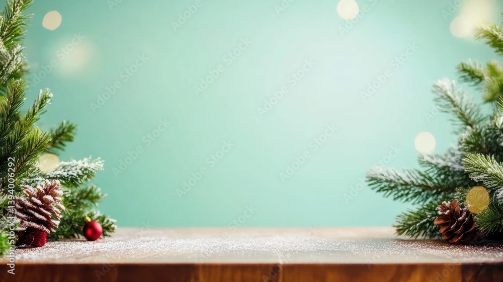 Poster festive arrangement of pine branches and cones on a wooden surface with a soft teal backdrop and lig