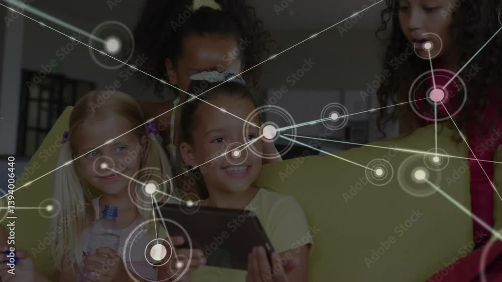 Poster using tablet with network connections animation overlay, children in school learning