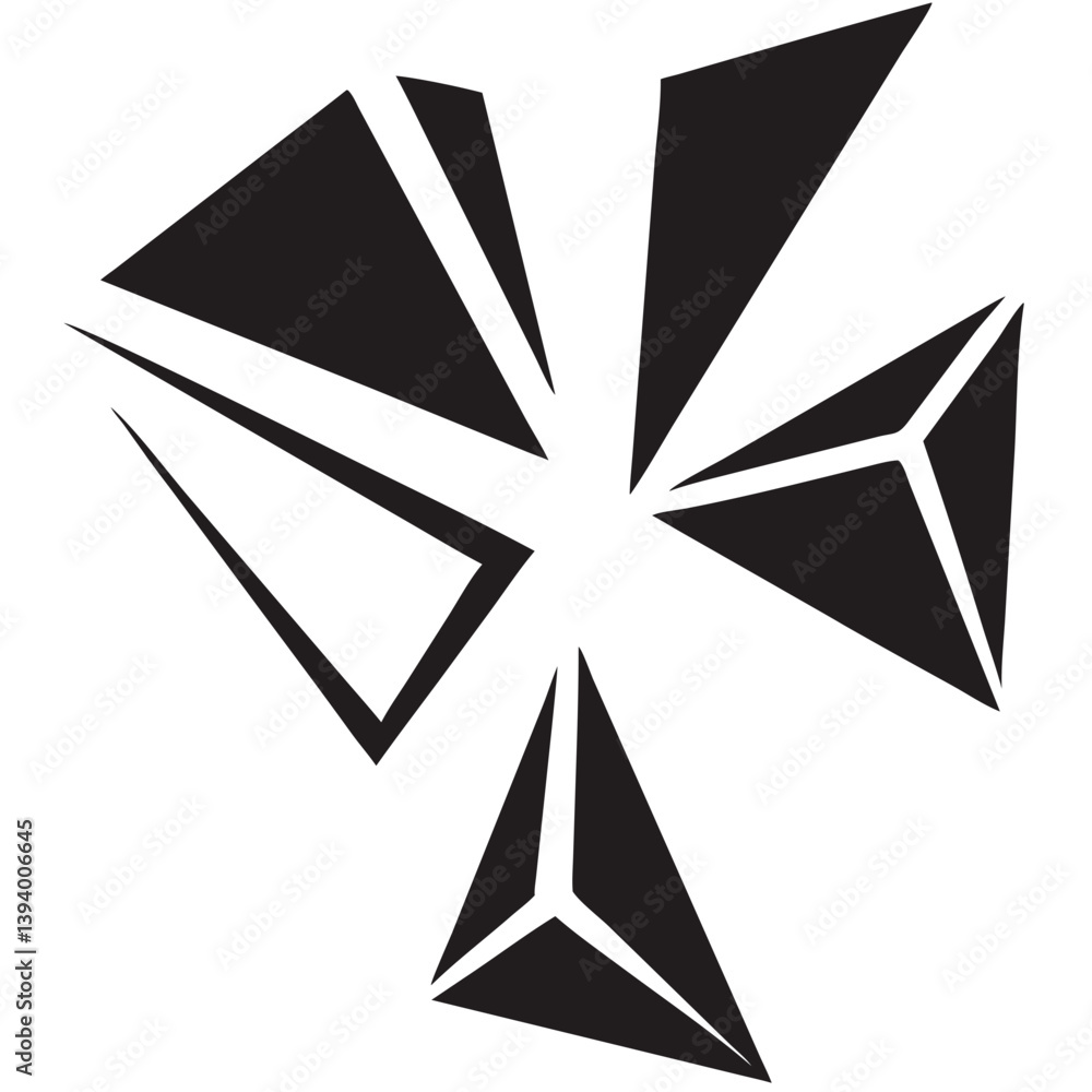 Poster shattered geometric explosion of black triangular fragments creating a dynamic, energetic visual in 