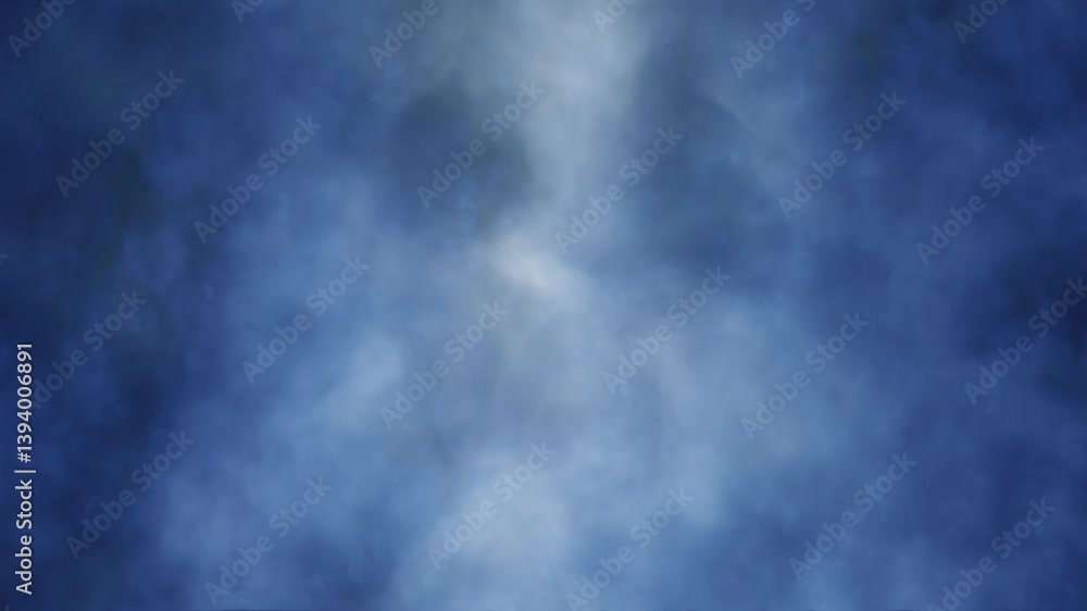 Poster flying through abstract realistic blue thick clouds motion loop animation.