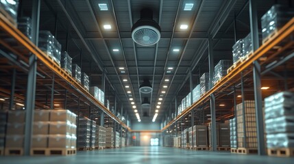 A warehouse ceiling equipped with large ventilation fans, creating a ventilated, airy, and functional atmosphere in the workspace.
