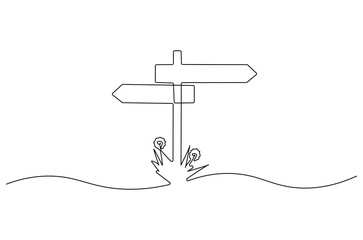 Continuous one line drawing of Road direction. Single line drawing illustration of Road direction sign arrows. Concept for web banner. Doodle line illustration.