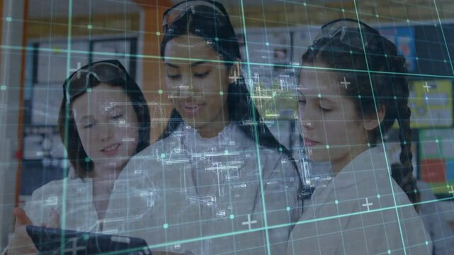 In school, scientists in lab coats analyzing animation with digital data overlay