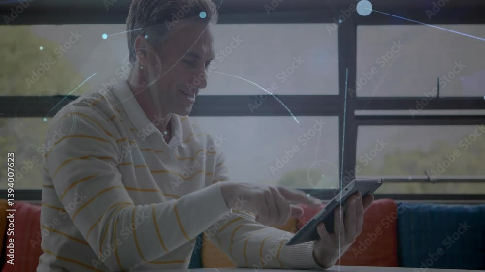Poster using tablet with digital network animation, man working in modern office