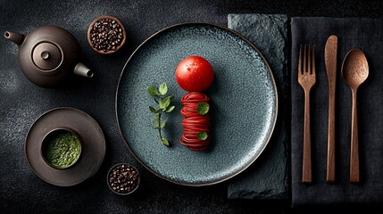Tomato art. Plated, top-viewed composition with utensils, sauce, and pepper. Dark, elegant, and minimalistic