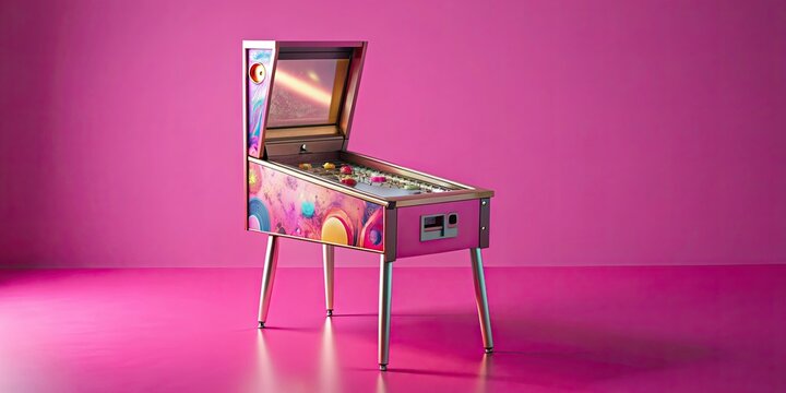 Flat of pinball machine on pink background, pinball, machine, game, arcade, entertainment, vintage, play, fun, retro, gaming