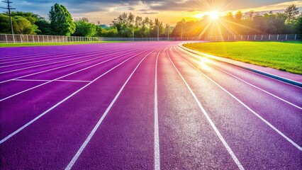 Vibrant purple running track with clear markings under the sunlight, purple, track, running, sport, competition, fitness
