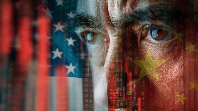 Eyes on the Global Stage: A compelling visual metaphor, a close-up of an individual's watchful gaze interwoven with the American and Chinese flags.