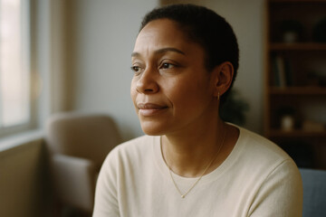 Contemplative Woman in Her 40s at a Therapists Office, Mental Health Perspective, Authentic Human Connection