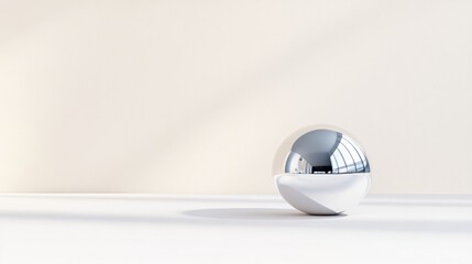 Chrome Sphere on Pedestal Minimalist Design High-resolution Studio Lighting Centered composition Reflective surface Abstract art Modern interior Bright white tones Website banner