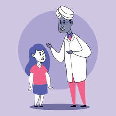 Doctor wearing white coat and traditional turban smiling at young girl. They engaged in friendly conversation. Health and wellness concept