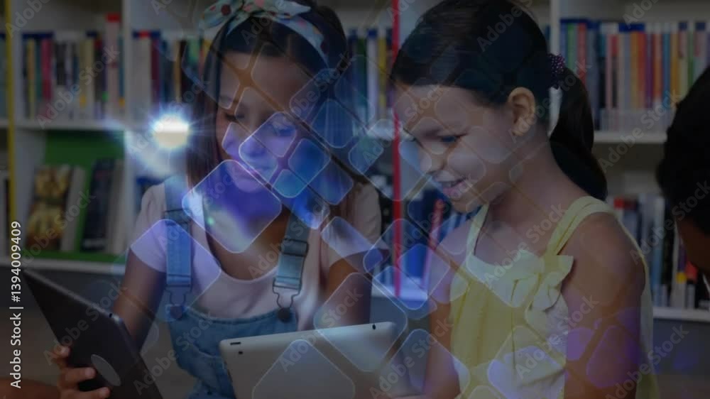 Poster children using tablets with digital network animation overlay in library setting