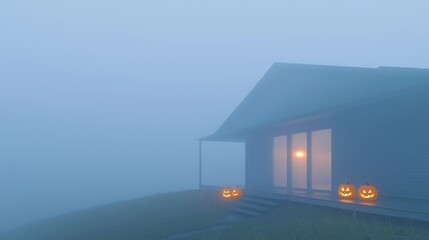 Foggy Halloween House with Jack-o'-lanterns