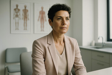 Empowered Woman in Her 40s at a Modern Healthcare Facility, Healthcare Awareness and Inspiration