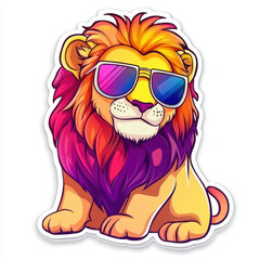 Fototapeta premium vibrant sticker featuring cartoon lion with colorful mane and stylish sunglasses, exuding fun and playful vibe. This animal design is perfect for adding touch of personality to any item