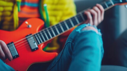 Obraz premium A young person strums an orange electric guitar while sitting casually on a sofa in a warm and inviting room setting