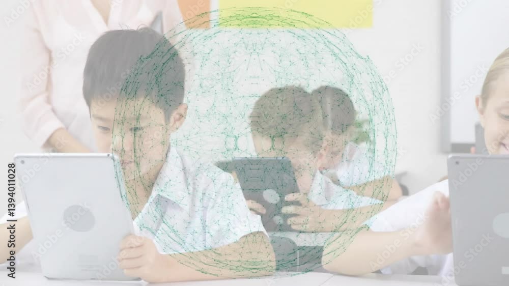 Poster students using tablets in classroom with digital network animation overlay