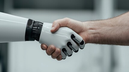 Human and robot hand shaking in a demonstration of partnership for technology advancement