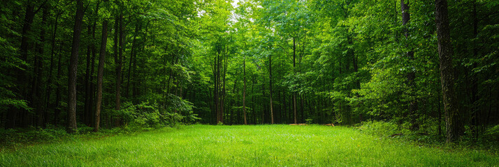 Obraz premium Serene summer woods inviting peaceful exploration, lush green meadow bathed in soft sunlight.