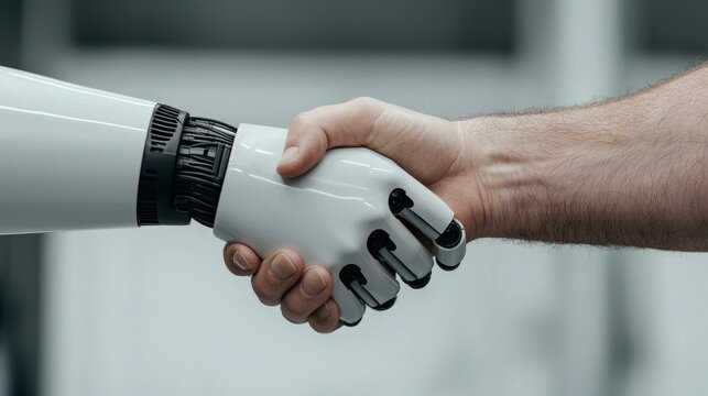 Human and robot hand shaking in a demonstration of partnership for technology advancement